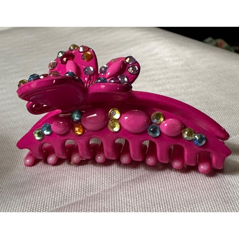 Bright Pink multi-colored bejeweled thick plastic butterfly hair clip 3.5” long‎